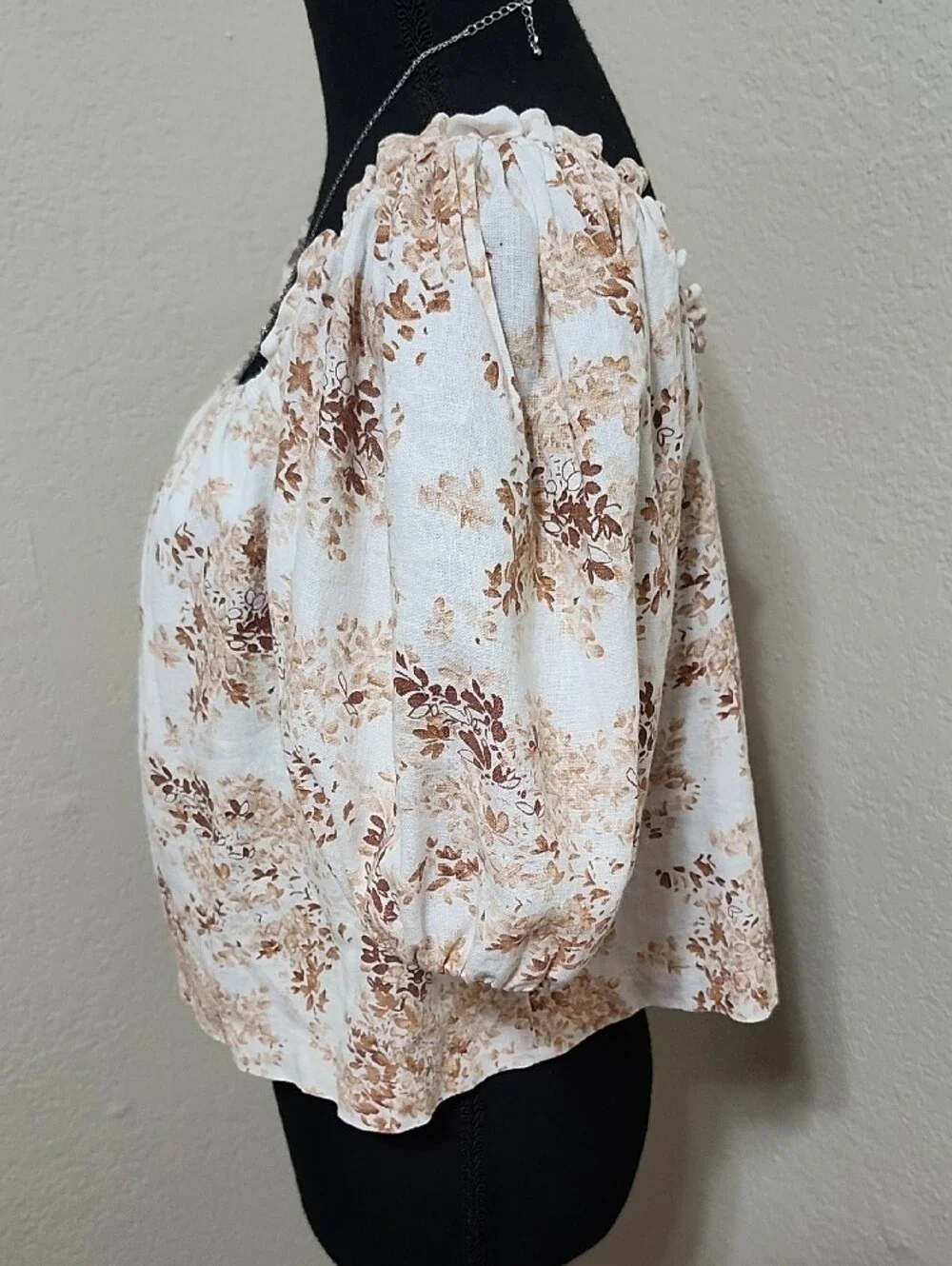 Abercrombie & Fitch Brown Floral Square Neck Puff Sleeve Top Sz S Boho